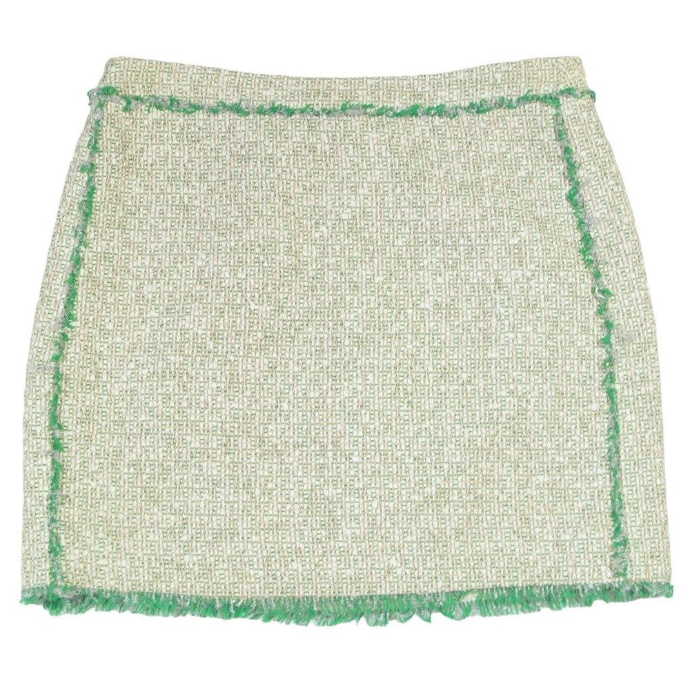 J CREW Size 4 Glimmer Tweed Fringe Mini Skirt Beige Green Silver